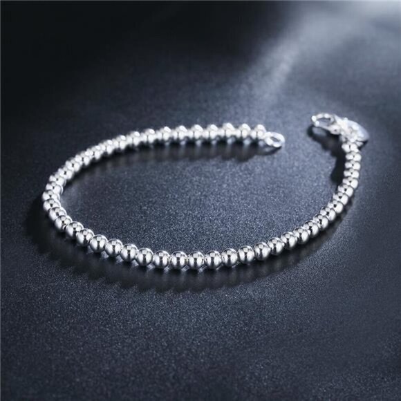 925 Sterling Silver Classic 4MM Round Beads Chain Bracelets for Women Men - Picture 6 of 6
